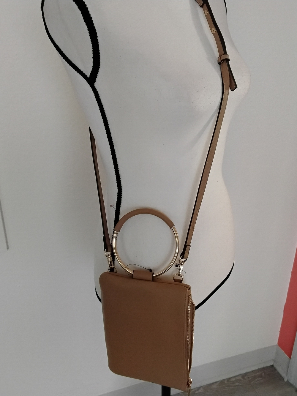 INC International Concepts Tan Crossbody Bag with Gold Ring Handle